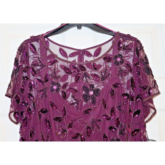 Adrianna Papell Plus Sz 16W Night Plum Hand Beaded S/S Floral Godet Gown $379 - Picture 6 of 10